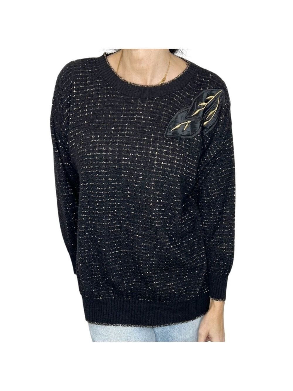 Vintage black shimmery metallic gold embroidered satin leaf applique sweater